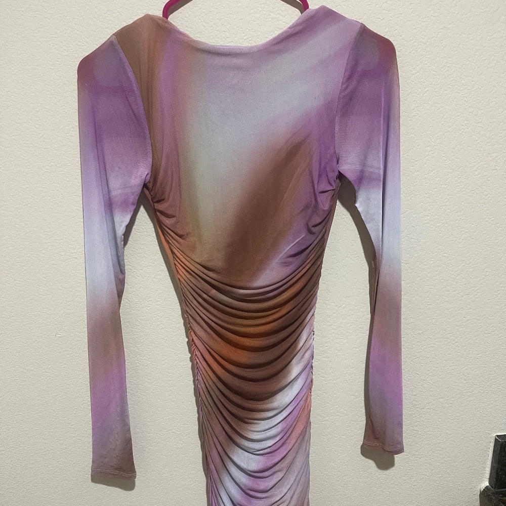 AFRM Maya Purple Mesh Motif Ruched Long Sleeve Mini Dress – Women’s Size XS - Picture 11 of 13